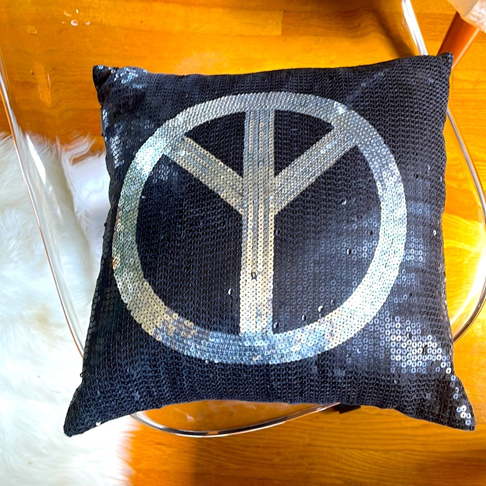 Black & Silver Sequin Peace symbol Pillow